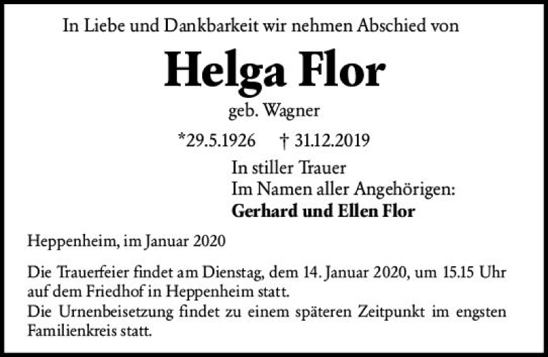  Traueranzeige für Helga Flor vom 11.01.2020 aus vrm-trauer