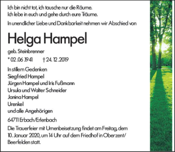 Traueranzeige von Helga Hampel von vrm-trauer