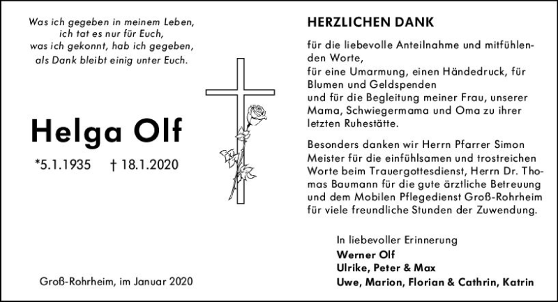  Traueranzeige für Helga Olf vom 01.02.2020 aus vrm-trauer