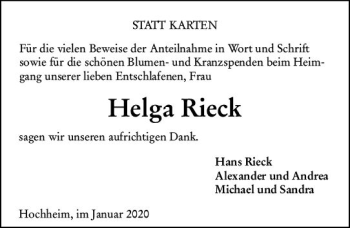 Traueranzeige von Helga Rieck von vrm-trauer