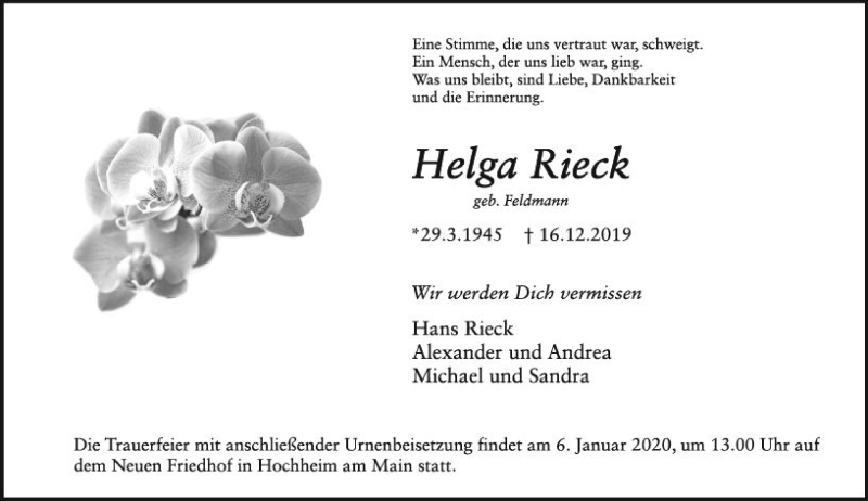  Traueranzeige für Helga Rieck vom 03.01.2020 aus vrm-trauer