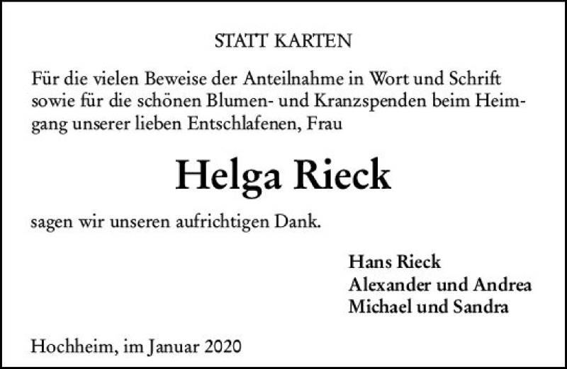  Traueranzeige für Helga Rieck vom 24.01.2020 aus vrm-trauer