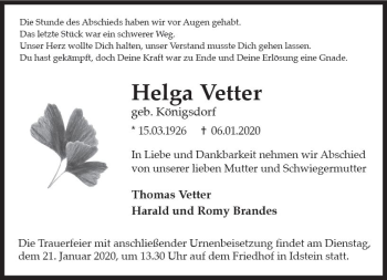 Traueranzeige von Helga Vetter von vrm-trauer