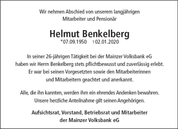 Traueranzeige von Helmut Benkelberg von vrm-trauer