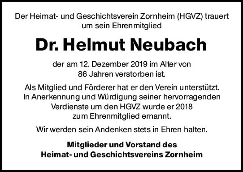  Traueranzeige für Helmut Neubach vom 04.01.2020 aus vrm-trauer