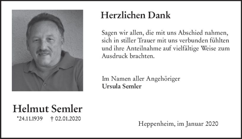  Traueranzeige für Helmut Semler vom 25.01.2020 aus vrm-trauer