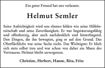 Traueranzeige von Helmut Semler von vrm-trauer