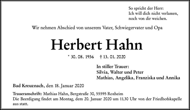  Traueranzeige für Herbert Hahn vom 18.01.2020 aus vrm-trauer