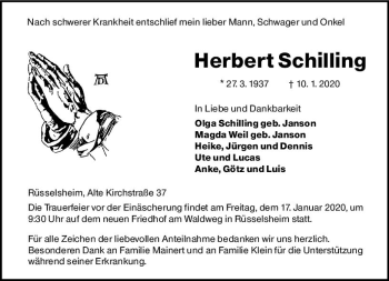 Traueranzeige von Herbert Schilling von vrm-trauer