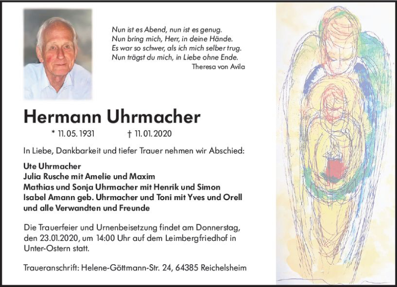  Traueranzeige für Hermann Uhrmacher vom 18.01.2020 aus vrm-trauer