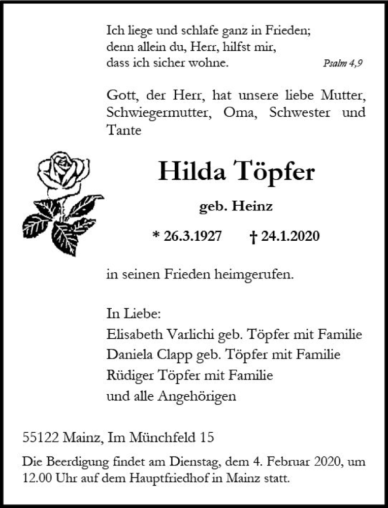  Traueranzeige für Hilda Töpfer vom 29.01.2020 aus vrm-trauer