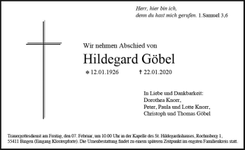 Traueranzeige von Hildegard Göbel von vrm-trauer