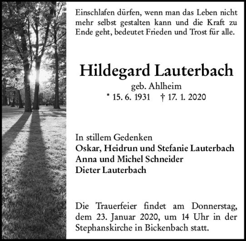  Traueranzeige für Hildegard Lauterbach vom 21.01.2020 aus vrm-trauer