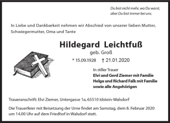 Traueranzeige von Hildegard Leichtfuß von vrm-trauer