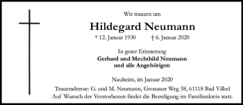 Traueranzeige von Hildegard Neumann von vrm-trauer