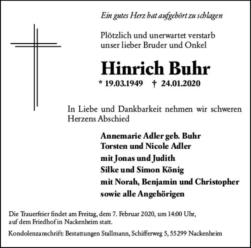  Traueranzeige für Hinrich Buhr vom 01.02.2020 aus vrm-trauer