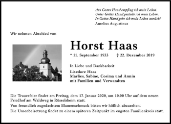 Traueranzeige von Horst Haas von vrm-trauer
