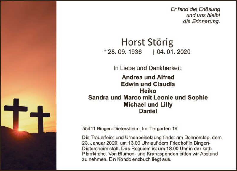  Traueranzeige für Horst Störig vom 18.01.2020 aus vrm-trauer