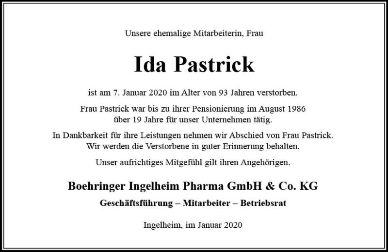  Traueranzeige für Ida Pastrick vom 24.01.2020 aus vrm-trauer