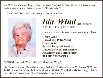 Traueranzeige von Ida Wind von vrm-trauer