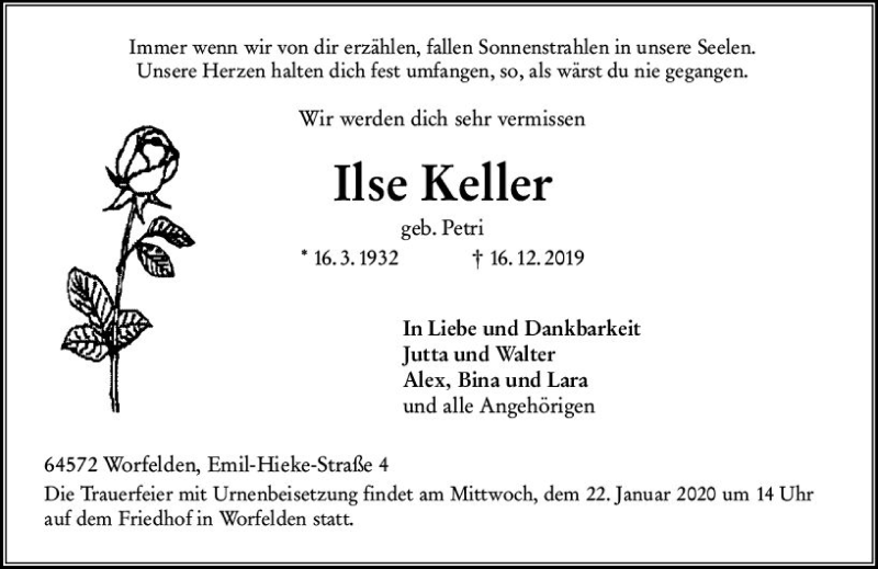  Traueranzeige für Ilse Keller vom 18.01.2020 aus vrm-trauer