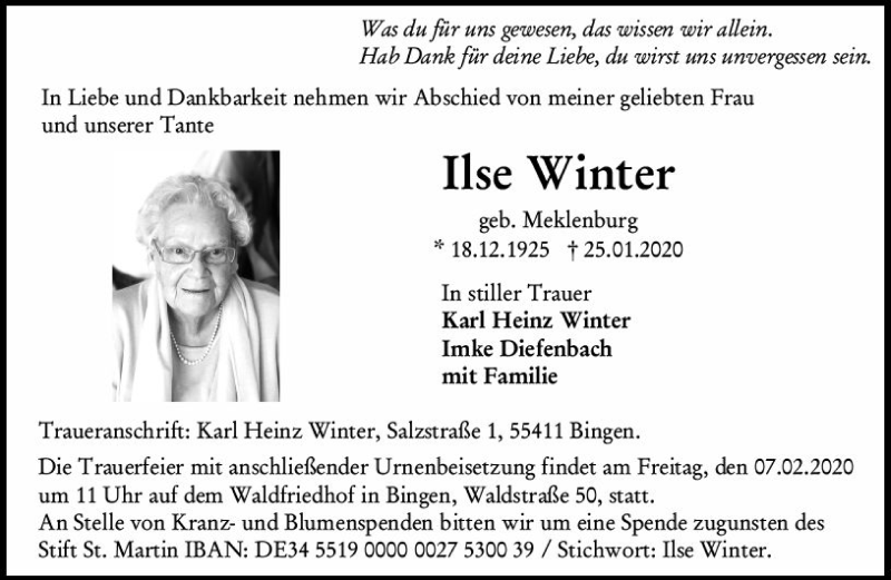  Traueranzeige für Ilse Winter vom 01.02.2020 aus vrm-trauer