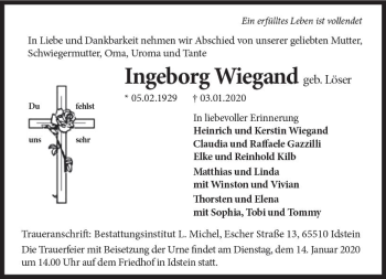 Traueranzeige von Ingeborg Wiegand von vrm-trauer