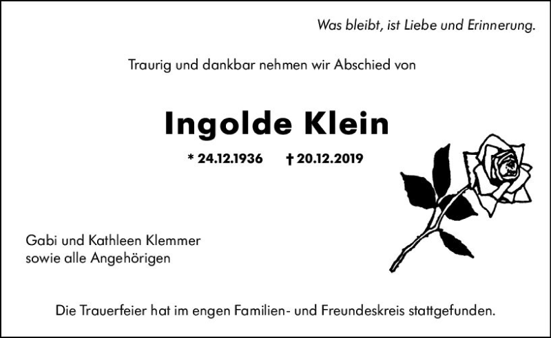  Traueranzeige für Ingolde Klein vom 11.01.2020 aus vrm-trauer