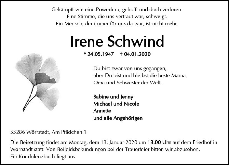  Traueranzeige für Irene Schwind vom 08.01.2020 aus vrm-trauer