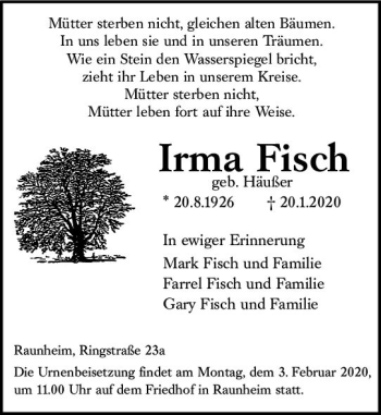 Traueranzeige von Irma Fisch von vrm-trauer