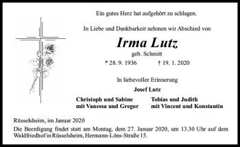 Traueranzeige von Irma Lutz von vrm-trauer