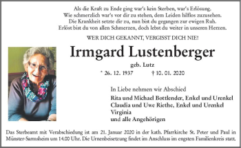 Traueranzeige von Irmgard Lustenberger von vrm-trauer