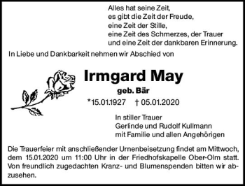 Traueranzeige von Irmgard May von vrm-trauer