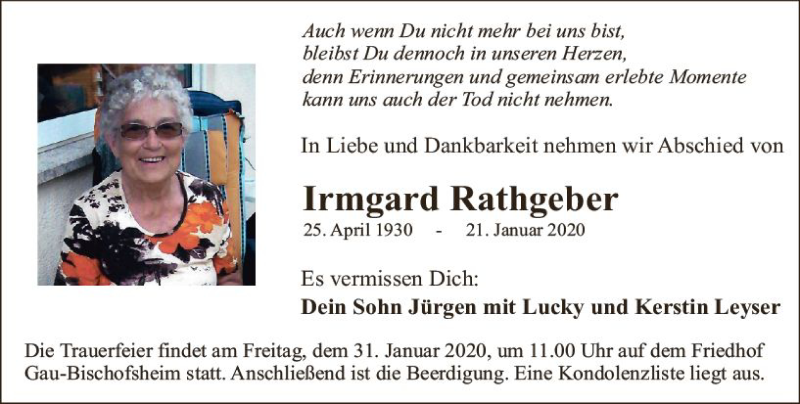  Traueranzeige für Irmgard Rathgeber vom 29.01.2020 aus vrm-trauer