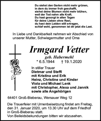 Traueranzeige von Irmgard Vetter von vrm-trauer