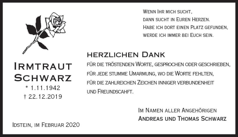  Traueranzeige für Irmtraut Schwarz vom 01.02.2020 aus vrm-trauer