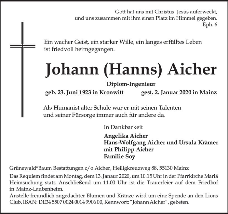  Traueranzeige für Johann  Aicher vom 04.01.2020 aus vrm-trauer
