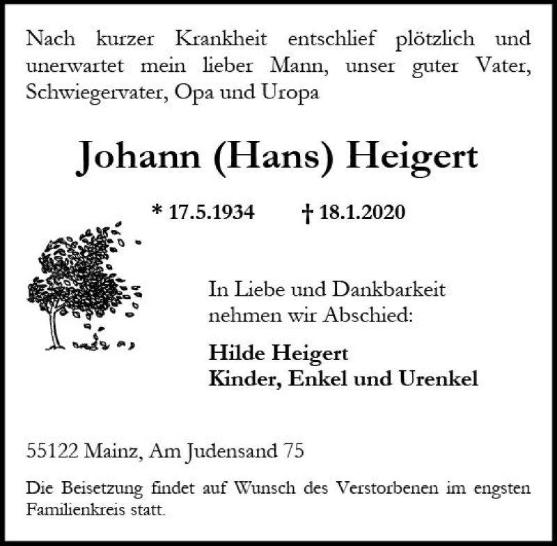  Traueranzeige für Johann Heigert vom 25.01.2020 aus vrm-trauer