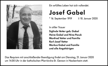 Traueranzeige von Josef Gabel von vrm-trauer
