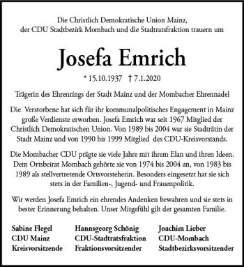 Traueranzeige von Josefa Emrich von vrm-trauer