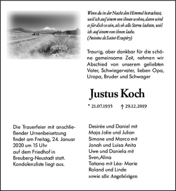 Traueranzeige von Justus Koch von vrm-trauer