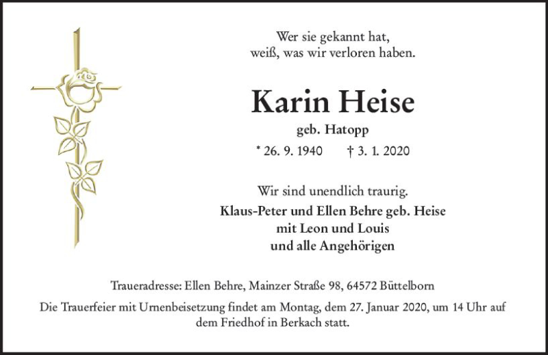  Traueranzeige für Karin Heise vom 18.01.2020 aus vrm-trauer