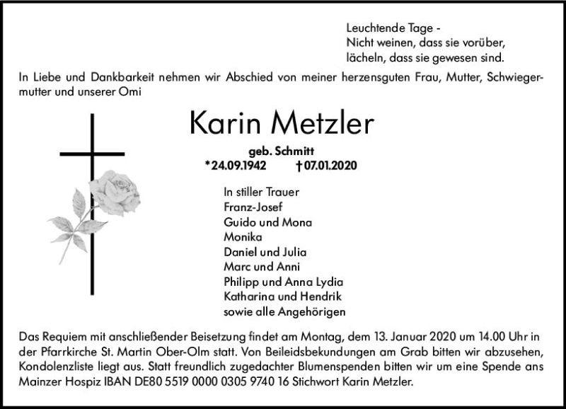  Traueranzeige für Karin Metzler vom 11.01.2020 aus vrm-trauer