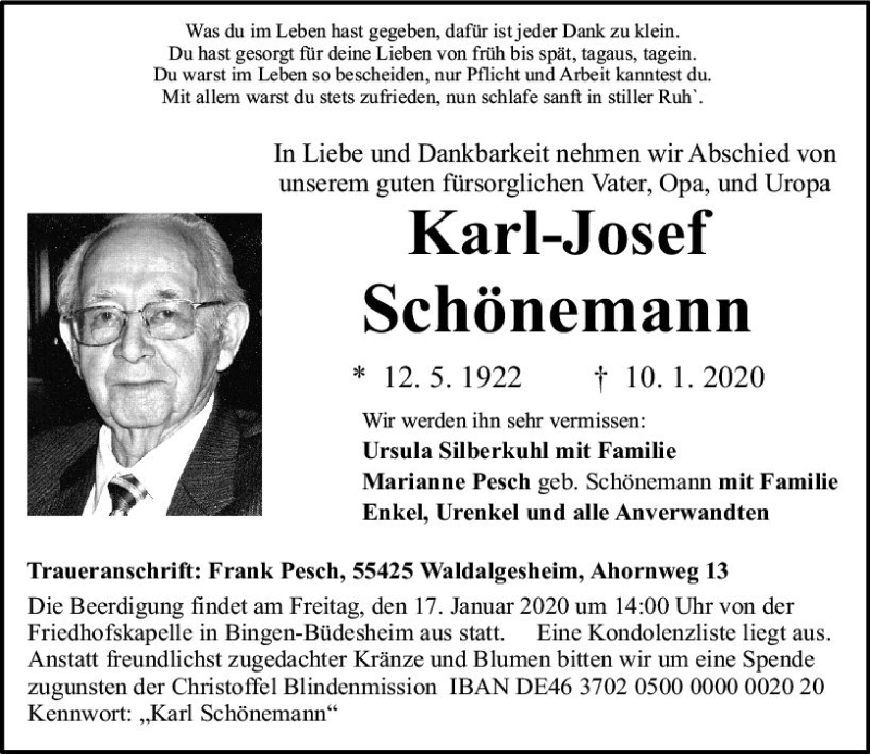  Traueranzeige für Karl-Josef Schönemann vom 14.01.2020 aus vrm-trauer