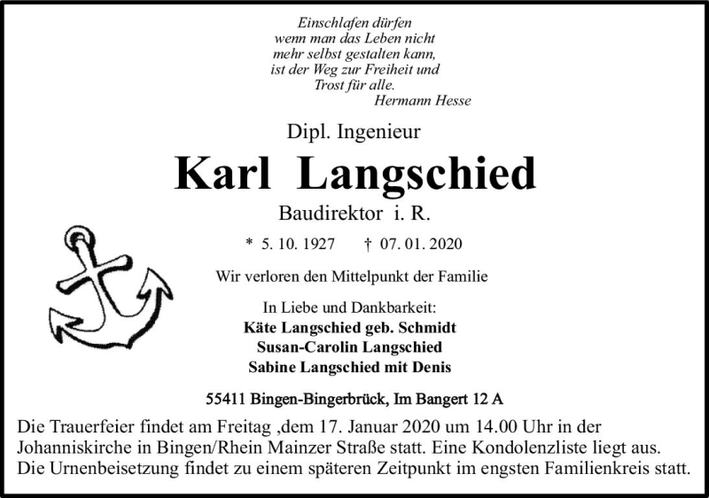  Traueranzeige für Karl Langschied vom 11.01.2020 aus vrm-trauer
