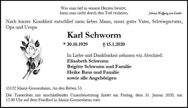  Traueranzeige für Karl Schworm vom 25.01.2020 aus vrm-trauer