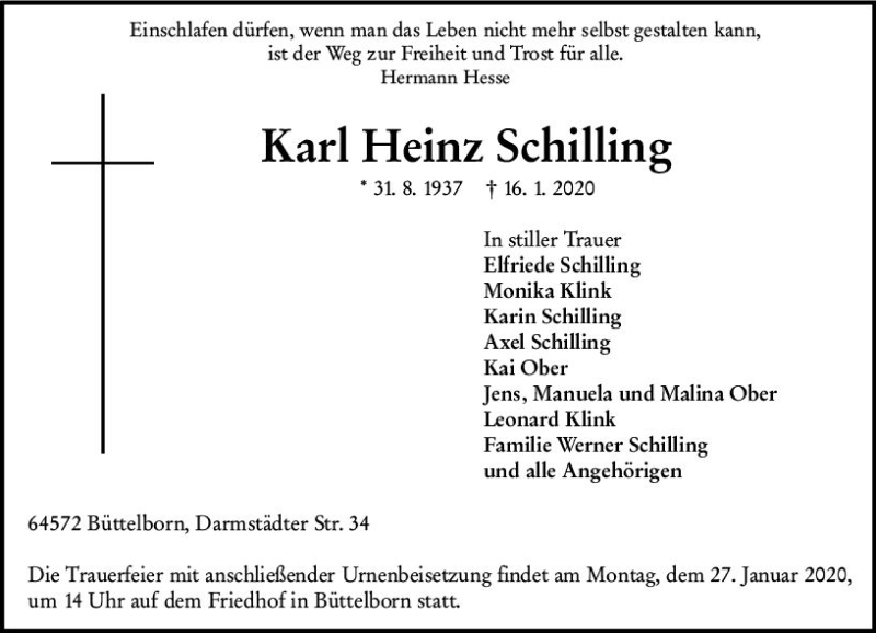  Traueranzeige für Karl Heinz Schilling vom 22.01.2020 aus vrm-trauer