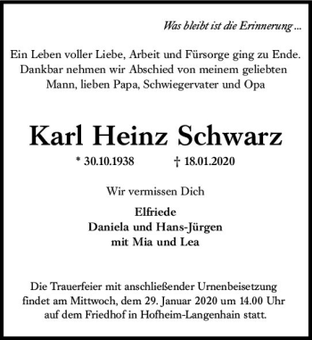 Traueranzeige von Karl Heinz Schwarz von vrm-trauer