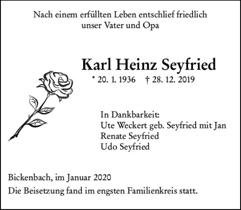  Traueranzeige für Karl Heinz Seyfried vom 18.01.2020 aus vrm-trauer