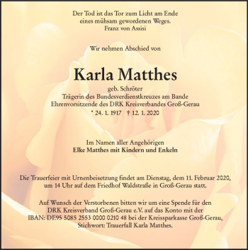 Traueranzeige von Karla Matthes von vrm-trauer